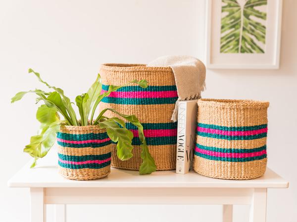 NDOTO : Turquoise, Pink and Sand Woven Storage Basket
